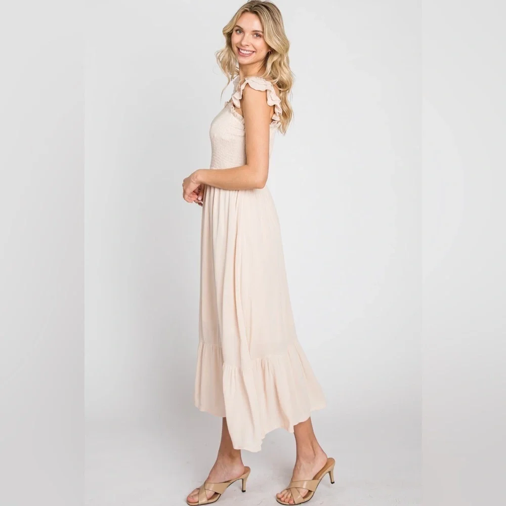 NWT Jodifl Women’s Cream Boho Cottage Core Maxi Ruffle Smocked Dress Sz 2X